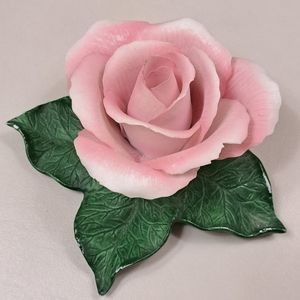 Vintage Pink Porcelain Rose with Green Leaves Stamped Tiffany
